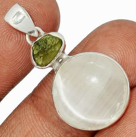 Sterling silver pendant - SELENITE and MOLDAVITE