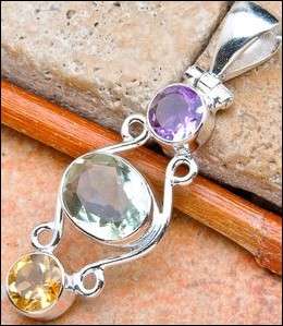 SALE ** Sterling silver pendant - PRASIOLITE, CITRINE & AMETHYST - Dreams Collection