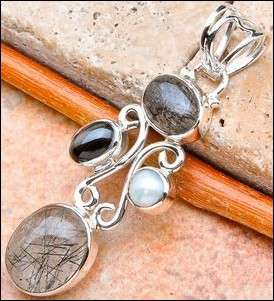 Sterling silver pendant - TOURMALINATED QUARTZ, STAR DIOPSIDE & PEARL - Dreams Collection