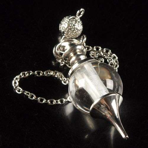 Natural CRYSTAL QUARTZ pendulum (silver plated casing & chain)