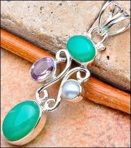 SALE ** Sterling silver pendant - CHRYSOPRASE, AMETHYST & PEARL - Dreams Collection