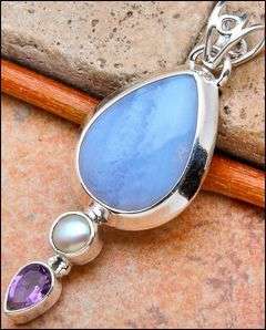 Sterling silver pendant - BLUE LACE AGATE, AMETHYST & PEARL - Dreams Collection