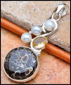 SALE ** Sterling silver pendant - PEARL, CITRINE & TURITELLA AGATE - Dreams Collection