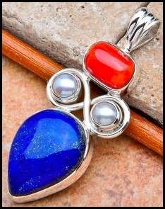 Sterling silver pendant - CORAL, PEARL & LAPIS LAZULI - Dreams Collection