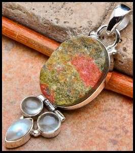 Sterling silver pendant - UNAKITE, PREHNITE & PEARL - Dreams Collection