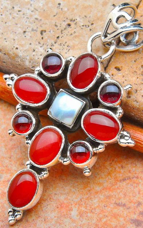 Sterling silver pendant - CARNELIAN, GARNET & PEARL - Dreams Collection