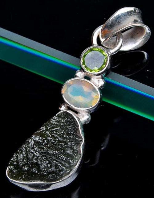 Sterling silver pendant - MOLDAVITE, ETHIOPIAN OPAL & PERIDOT - Dreams Collection