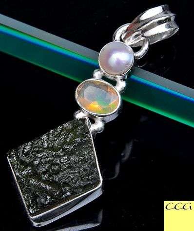 Sterling silver pendant - MOLDAVITE, ETHIOPIAN OPAL & PEARL - Dreams Collection