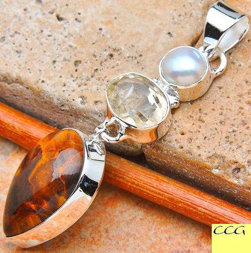 Sterling silver pendant - PIETERSITE, CITRINE & PEARL - Dreams Collection