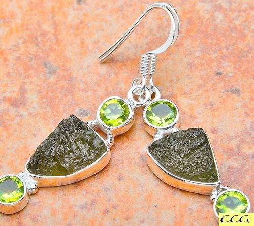 Sterling silver earrings - MOLDAVITE & PERIDOT - Dreams Collection