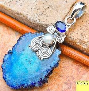 Sterling silver pendant - BLUE SOLAR QUARTZ, IOLITE & PEARL - Dreams Collection