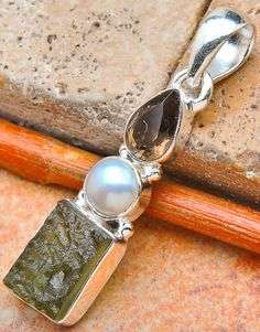 Sterling silver pendant - MOLDAVITE, SMOKY QUARTZ & PEARL - Dreams Collection