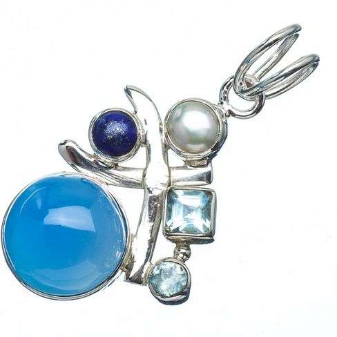 Sterling silver pendant - CHALCEDONY, BLUE TOPAZ, LAPIS LAZULI & PEARL - Dreams Collection