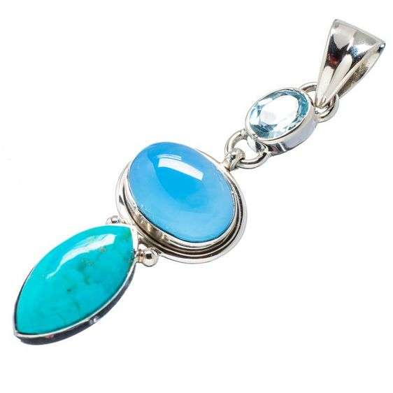 Sterling silver pendant - CHALCEDONY, TIBETAN TURQUOISE & BLUE TOPAZ - Dreams Collection