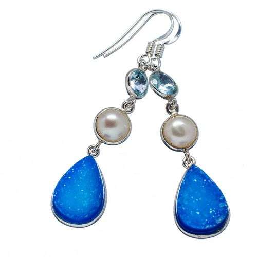 Sterling silver earrings - DRUZY, BLUE TOPAZ & PEARL - Dreams Collection