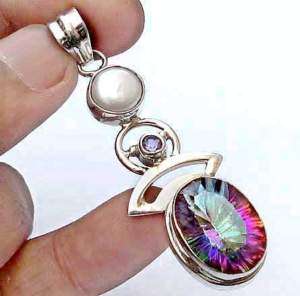 Natural MYSTIC TOPAZ, AMETHYST & PEARL set in Sterling Silver (pendant)