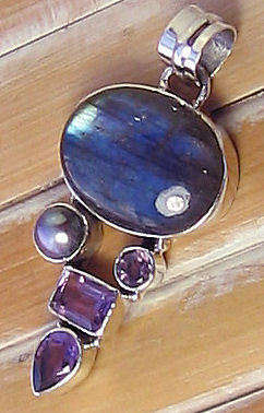 ** FREE SHIPPING ** Sterling silver pendant - LABRADORITE, PEARL & AMETHYST