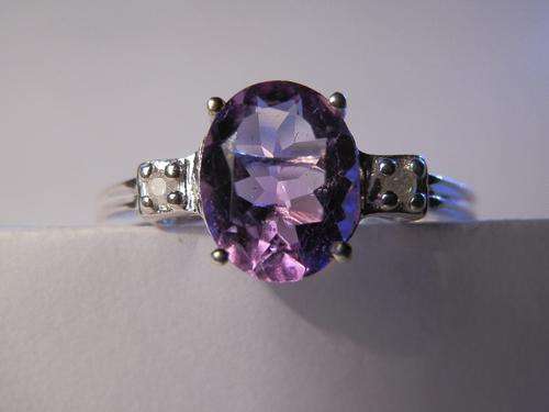 Genuine amethyst & diamond silver ring