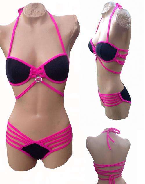 Sexy Strappy Contrast Lycra Bikini With Diamante Buckle and Awesome Bottoms
