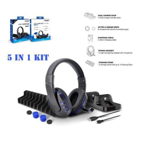 5 in1 Game pack - headphones, charging dock, game stand, silicon caps, usb cable for playstation 4