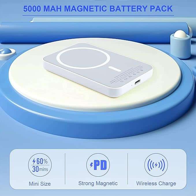 Magnetic Wireless Portable Charger, 5000mAh Magnetic Battery Pack 15W PD Fast Charging Power Bank