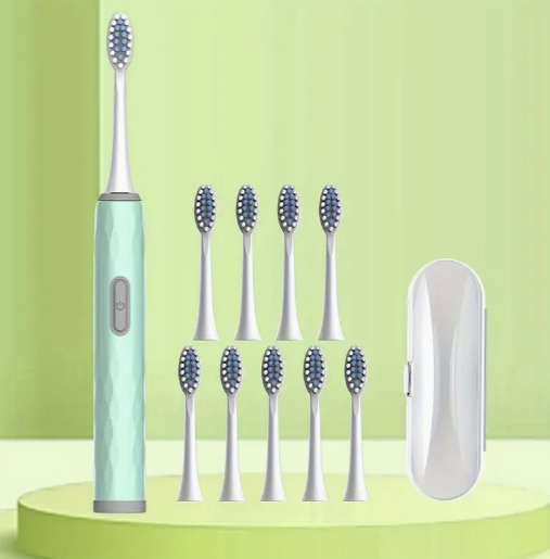 Electric Toothbrush with 10 Heads & Travel Case (Mint Green)