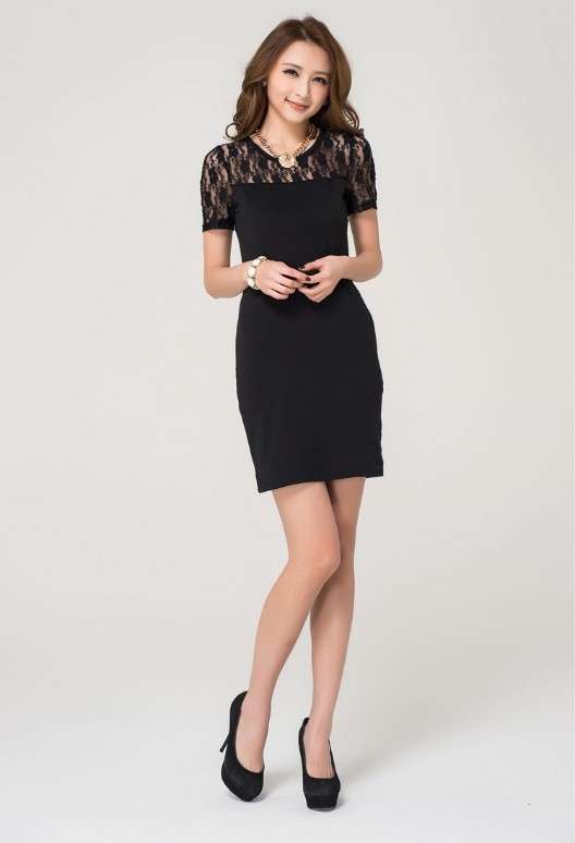 Summer Wear Short Sleeve Fashion Lace Black Cotton Dress