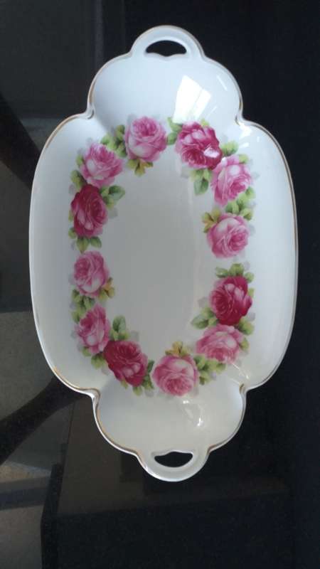 RARE!! ANTIQUE 1901 - 1933 ROSENTHAL CHRYSANTHEME CACILLIE `PINK ROSES` GOLD TRIM HANDLES DISH TRAY