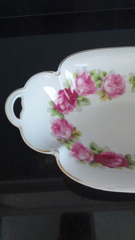 RARE!! ANTIQUE 1901 - 1933 ROSENTHAL CHRYSANTHEME CACILLIE `PINK ROSES` GOLD TRIM HANDLES DISH TRAY