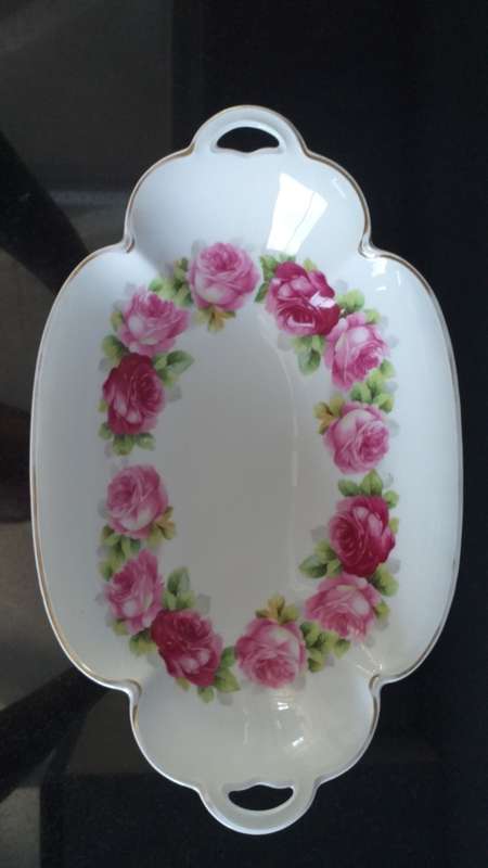 RARE!! ANTIQUE 1901 - 1933 ROSENTHAL CHRYSANTHEME CACILLIE `PINK ROSES` GOLD TRIM HANDLES DISH TRAY