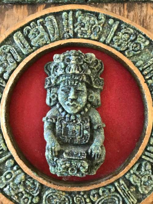 RARE FIND!!! ZAREBSKI AZTEC MYAN MEXICO WOOD MALCHITE PLAQUE - ANCIENT GOD!