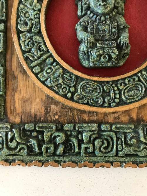 RARE FIND!!! ZAREBSKI AZTEC MYAN MEXICO WOOD MALCHITE PLAQUE - ANCIENT GOD!