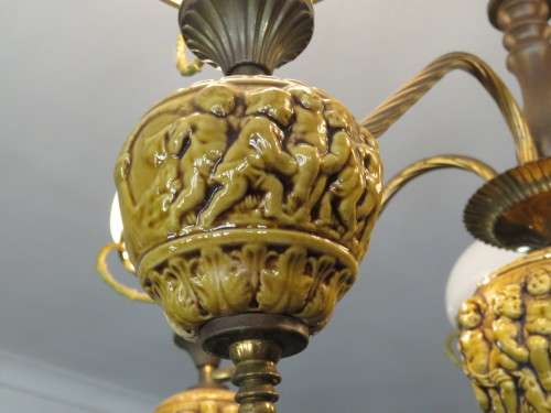 Vintage Porcelain and Brass 5 Arm Chandelier