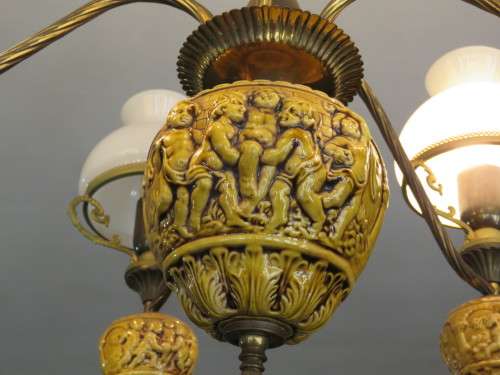 Vintage Porcelain and Brass 5 Arm Chandelier