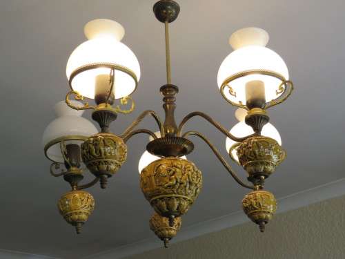 Vintage Porcelain and Brass 5 Arm Chandelier