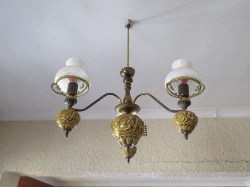 Vintage Porcelain and Brass 3 Arm Chandelier