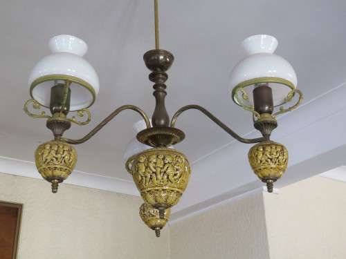 Vintage Porcelain and Brass 3 Arm Chandelier