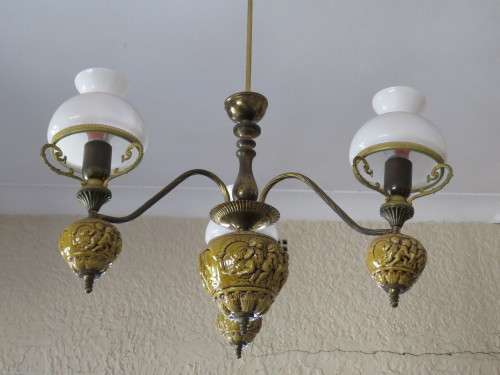 Vintage Porcelain and Brass 3 Arm Chandelier