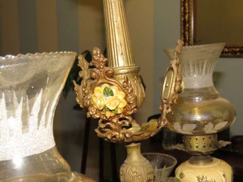 Vintage 12 Arm Brass and Porcelain Chandelier