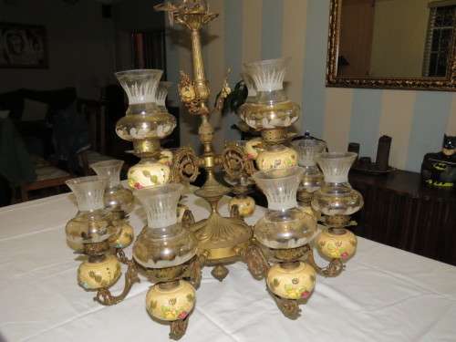 Vintage 12 Arm Brass and Porcelain Chandelier