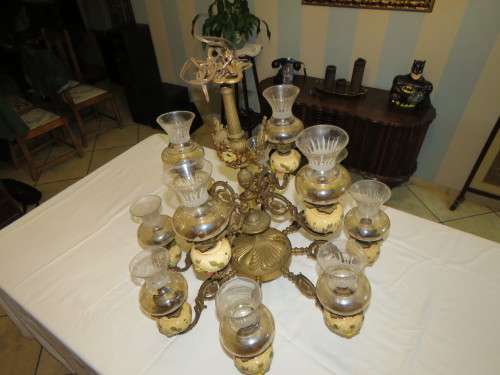 Vintage 12 Arm Brass and Porcelain Chandelier