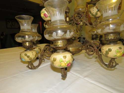 Vintage 12 Arm Brass and Porcelain Chandelier