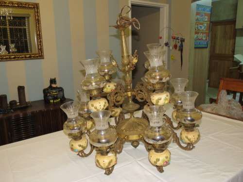 Vintage 12 Arm Brass and Porcelain Chandelier