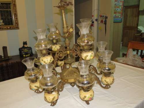 Vintage 12 Arm Brass and Porcelain Chandelier