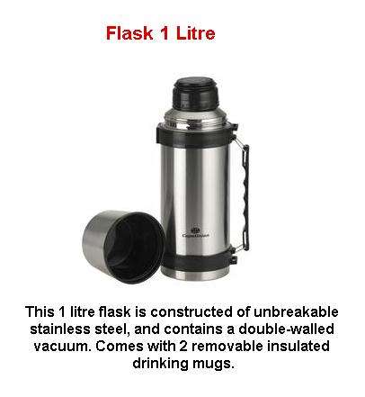 Flask (1 Litre) *** Stainless Steel *** Double-Walled Vacuum *** Plus 2 Insulated Drinking Mugs