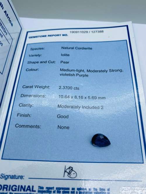 *EGL 2.37CT IOLITE PEAR CUT - DEEP VIVID COLOR*