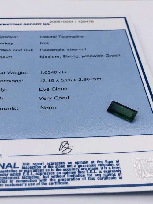 *EGL 1.63CT RECTANGLE TOURMALINE - STRONG YELLOW/GREEN*