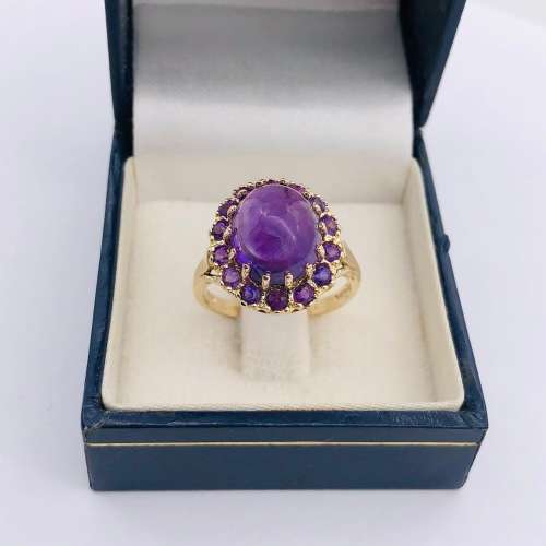 *SOLID GOLD CABOCHON AMETHYST HALO RING* R1 BIDS