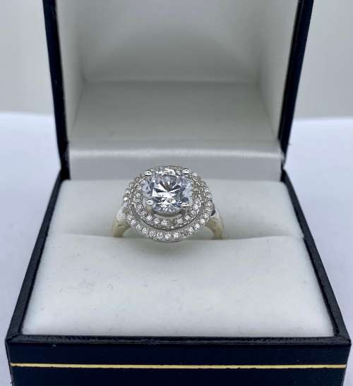 *LARGE SILVER CUBIC HALO SOLITAIRE RING* R1 BIDS