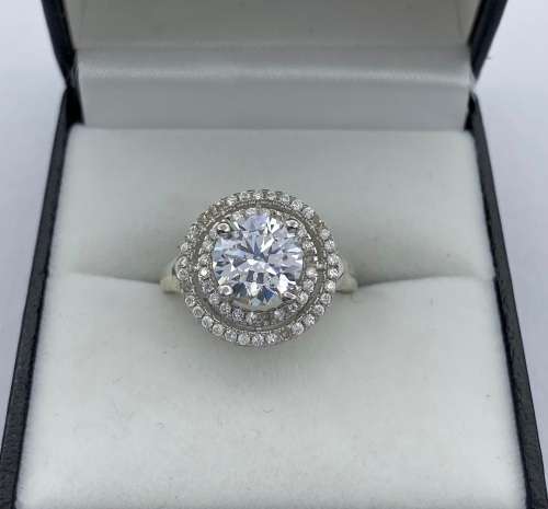 *LARGE SILVER CUBIC HALO SOLITAIRE RING* R1 BIDS